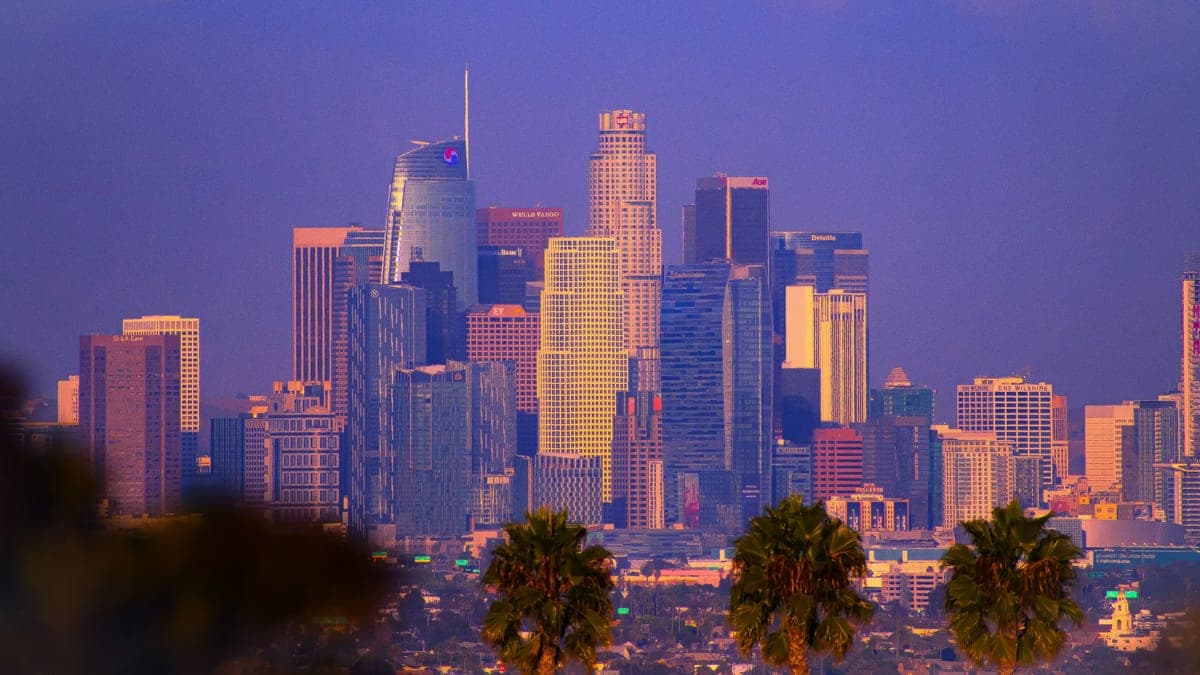 The downtown Los Angeles skyline against an open sky